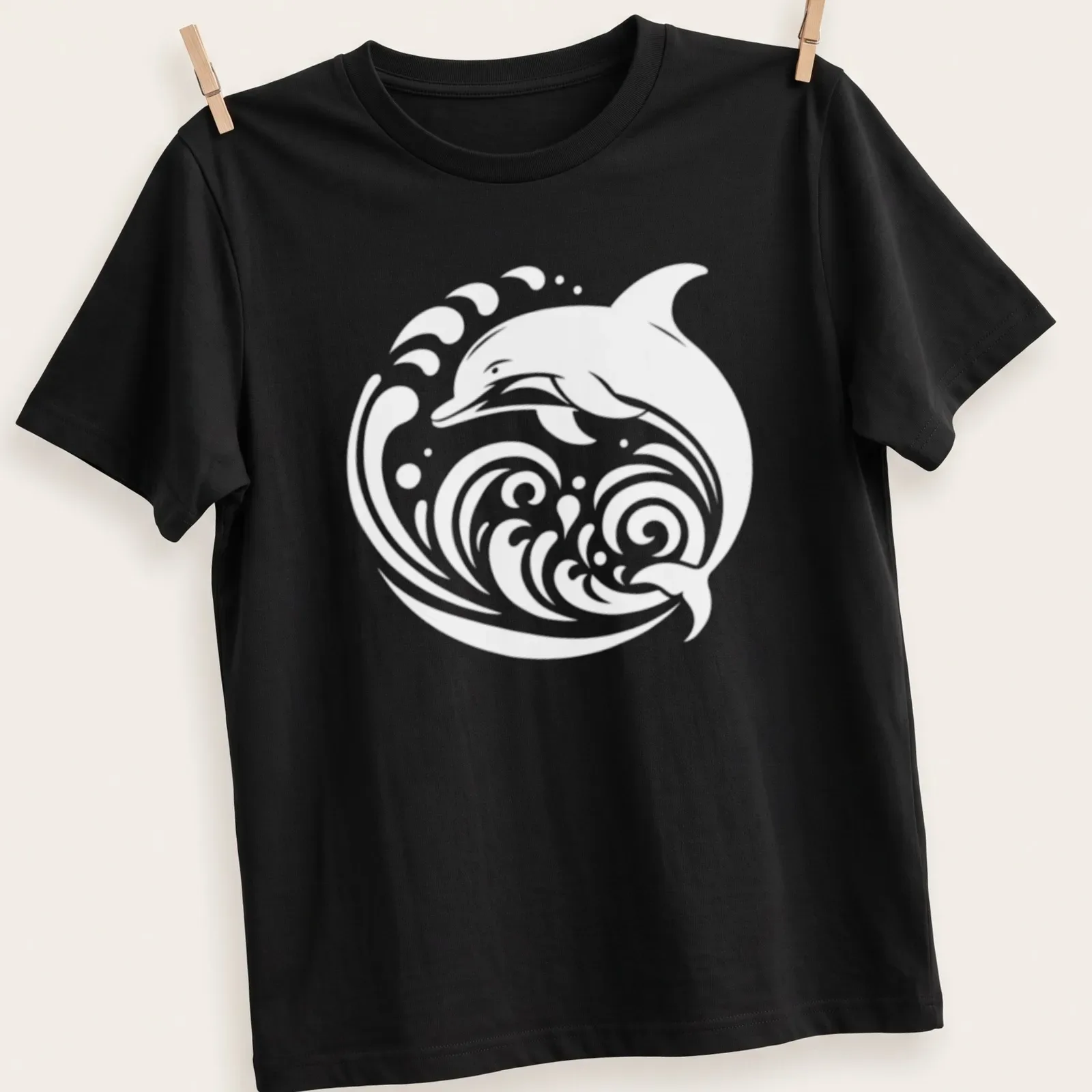 Tribal dolphin design with white typography on a blue background — printed on a unisex t-shirt