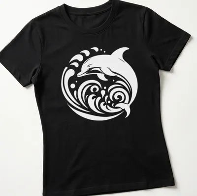 Tribal dolphin design with white typography on a blue background — printed on a women's shirt