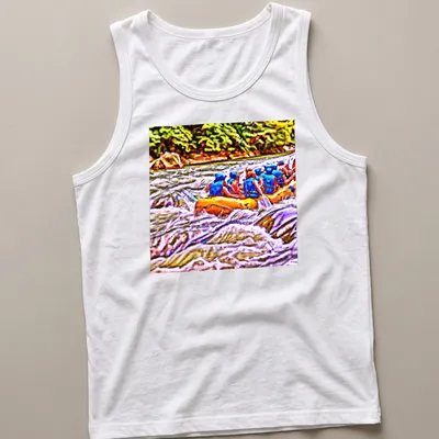 Pop art design of white water rafting with colorful waves and bold text — printed on a tank top
