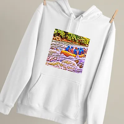 Pop art design of white water rafting with colorful waves and bold text — printed on a unisex hoodie