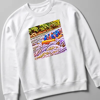 Pop art design of white water rafting with colorful waves and bold text — printed on a unisex sweatshirt
