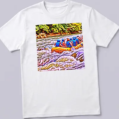 Pop art design of white water rafting with colorful waves and bold text