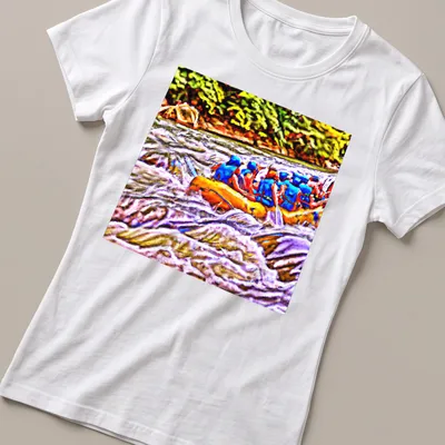 Pop art design of white water rafting with colorful waves and bold text — printed on a women's shirt