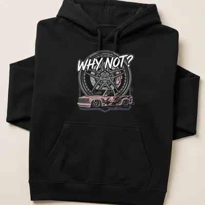 Illustration of a slammed truck with custom wheels and the text 'WHY NOT?' — printed on a unisex hoodie