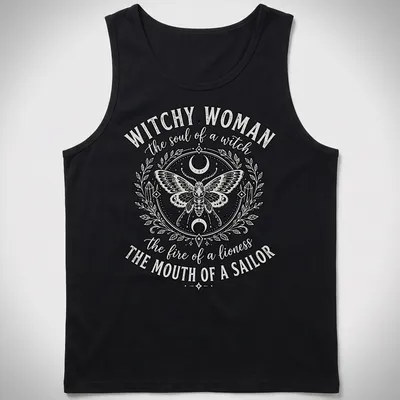 Vintage ornate Witchy Woman shirt featuring a detailed moth and bold text — printed on a tank top