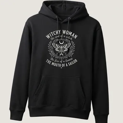 Vintage ornate Witchy Woman shirt featuring a detailed moth and bold text — printed on a unisex hoodie