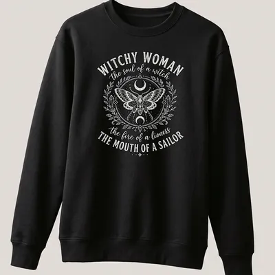 Vintage ornate Witchy Woman shirt featuring a detailed moth and bold text — printed on a unisex sweatshirt