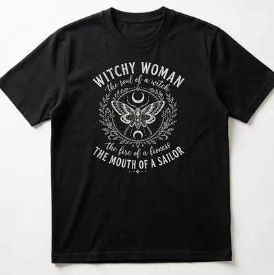 Vintage ornate Witchy Woman shirt featuring a detailed moth and bold text