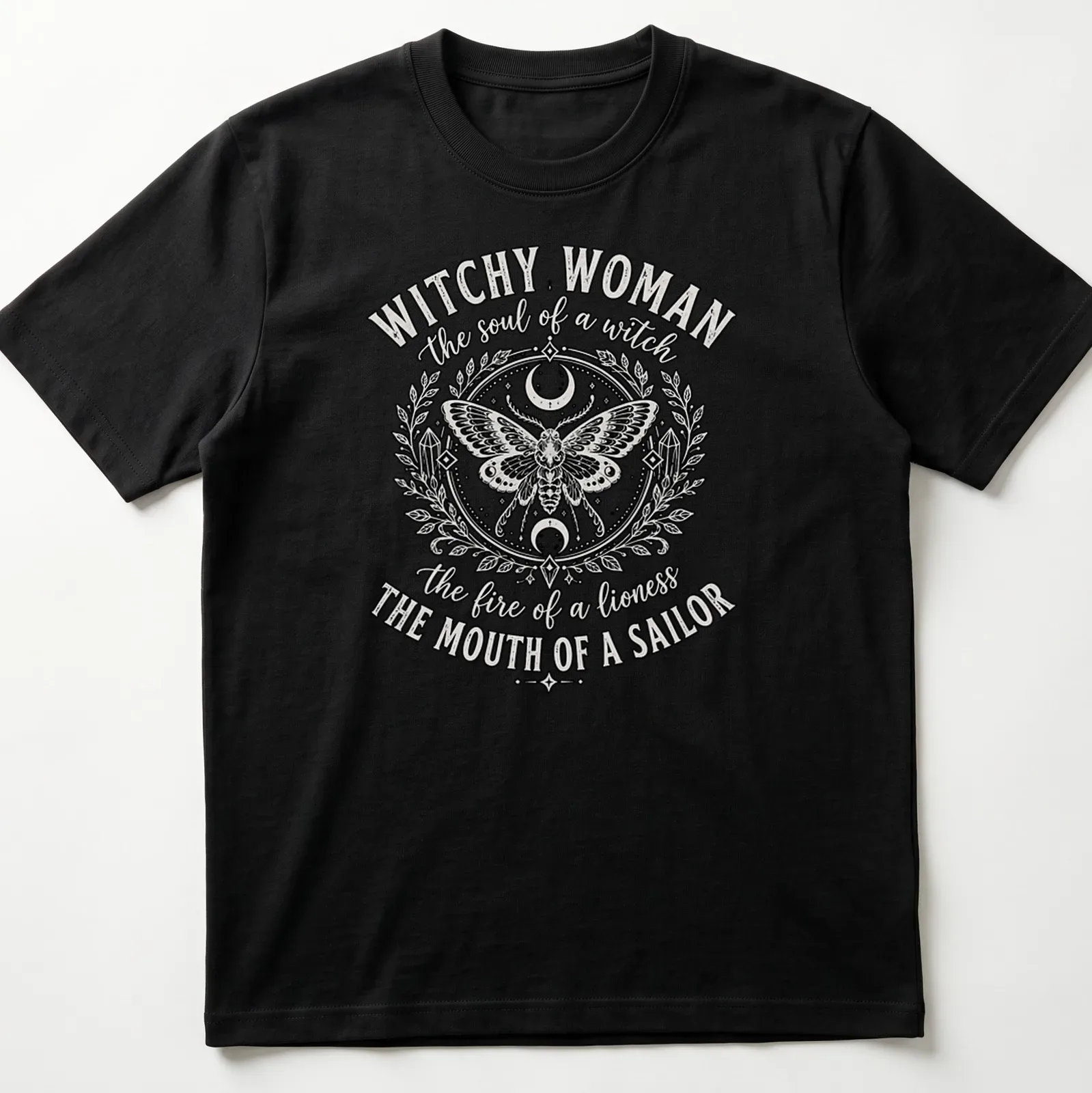 Vintage ornate Witchy Woman shirt featuring a detailed moth and bold text — printed on a unisex t-shirt