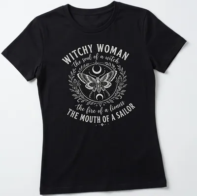 Vintage ornate Witchy Woman shirt featuring a detailed moth and bold text — printed on a women's shirt