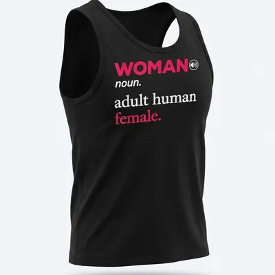 Modern typography t-shirt with the text 'WOMAN noun. adult human female.' in pink and white. — printed on a tank top