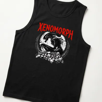 Dark gothic Xenomorph skull graphic in black, red, and white — printed on a tank top