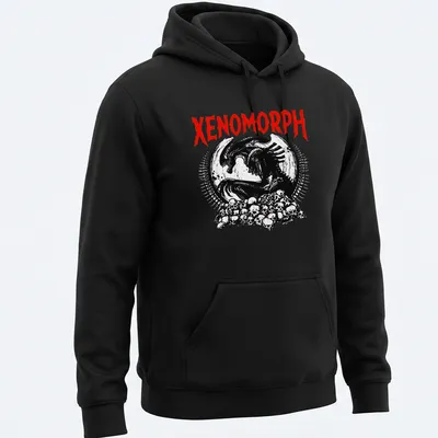 Dark gothic Xenomorph skull graphic in black, red, and white — printed on a unisex hoodie