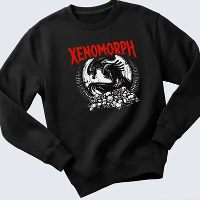 Dark gothic Xenomorph skull graphic in black, red, and white — printed on a unisex sweatshirt