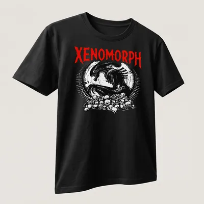Dark gothic Xenomorph skull graphic in black, red, and white — printed on a unisex t-shirt (angled view)