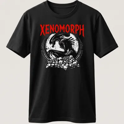 Dark gothic Xenomorph skull graphic in black, red, and white — printed on a unisex t-shirt