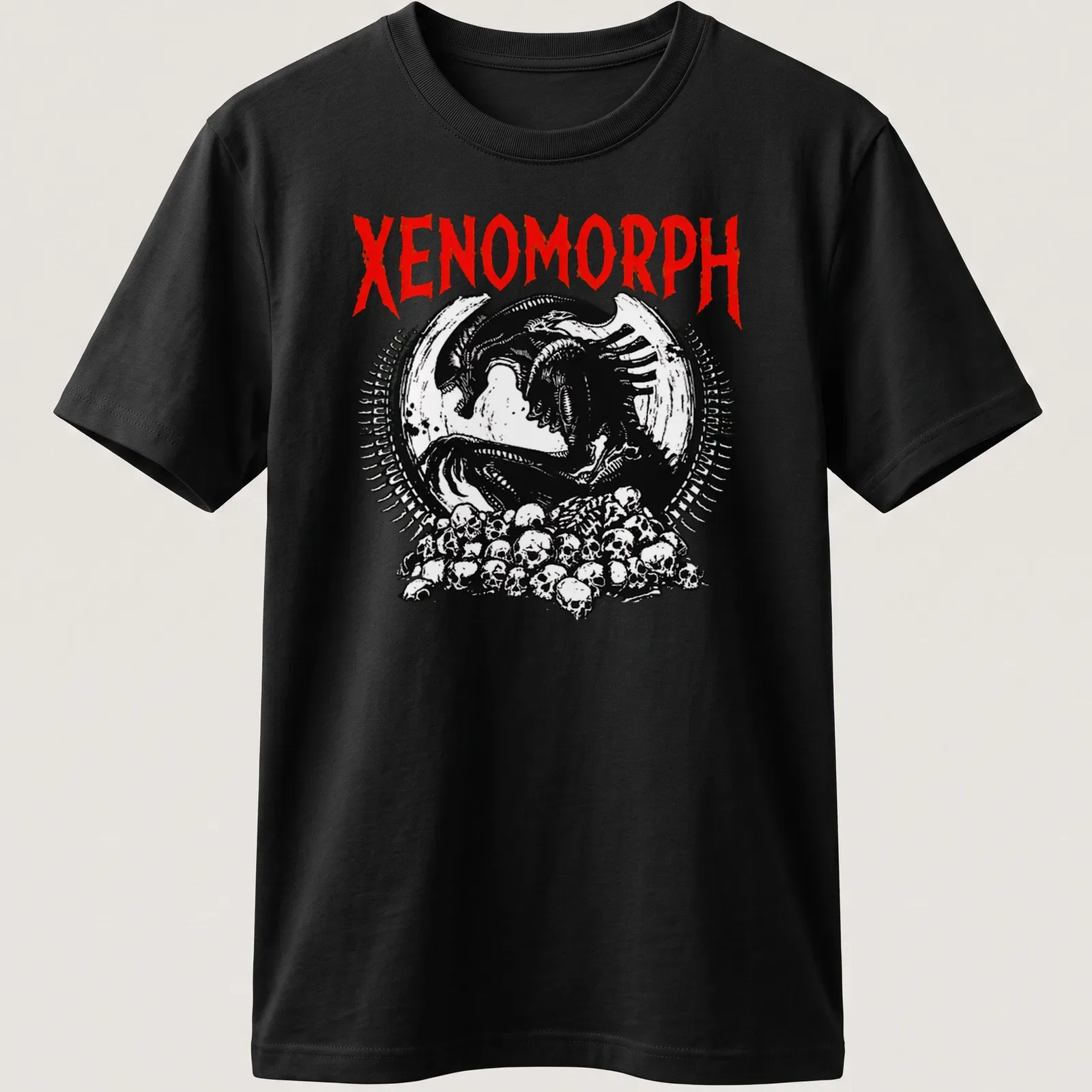 Dark gothic Xenomorph skull graphic in black, red, and white — printed on a unisex t-shirt