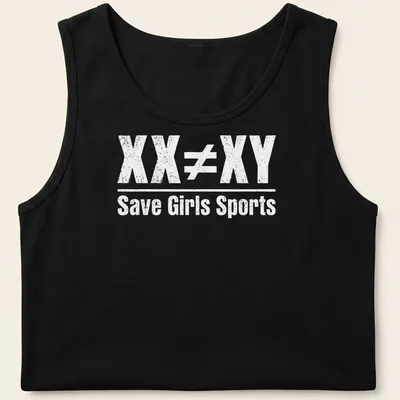 Distressed text reading 'XX ≠ XY Save Girls Sports' on a white — printed on a tank top