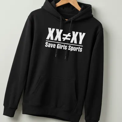 Distressed text reading 'XX ≠ XY Save Girls Sports' on a white — printed on a unisex hoodie