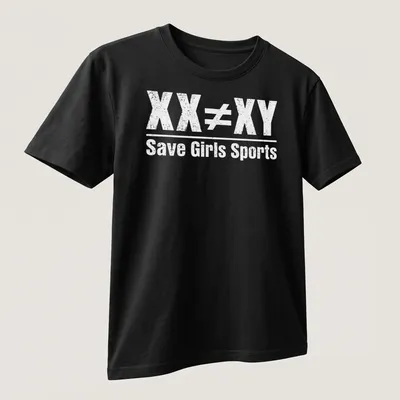 Distressed text reading 'XX ≠ XY Save Girls Sports' on a white — printed on a unisex t-shirt (angled view)