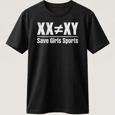Distressed text reading 'XX ≠ XY Save Girls Sports' on a white — printed on a unisex t-shirt