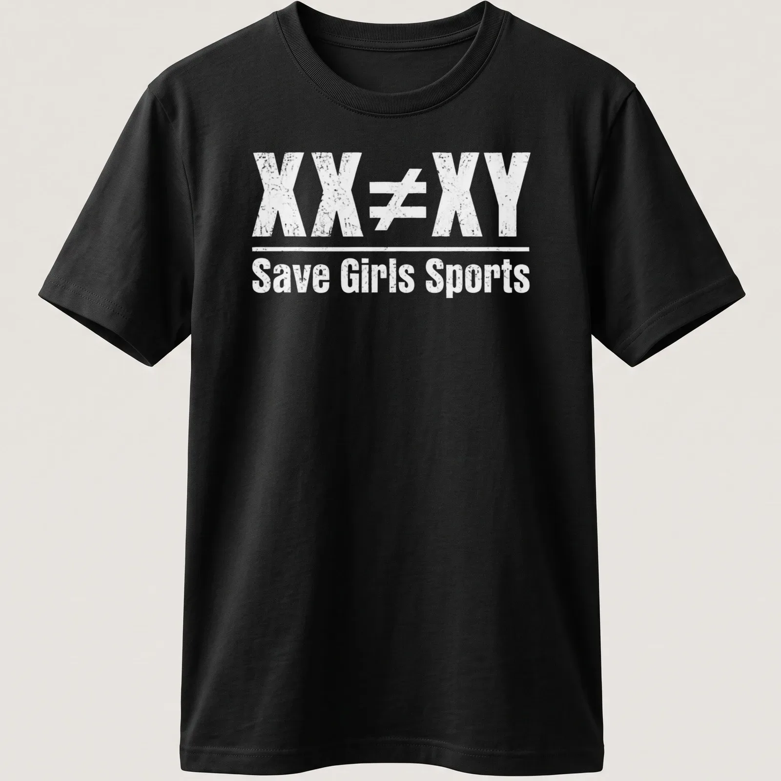 Distressed text reading 'XX ≠ XY Save Girls Sports' on a white — printed on a unisex t-shirt