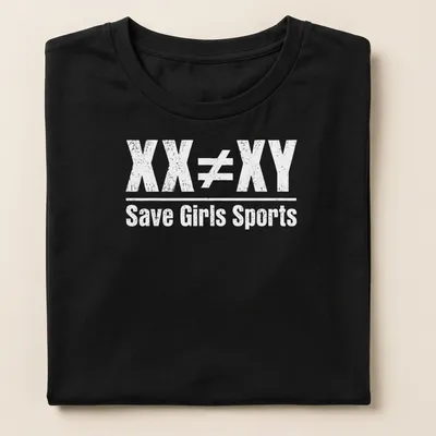 Distressed text reading 'XX ≠ XY Save Girls Sports' on a white — printed on a women's shirt