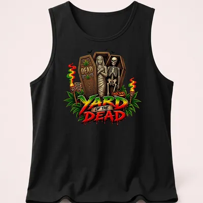 Vibrant cartoon of a skeleton and mummy with the text 'YARD OF THE DEAD' — printed on a tank top