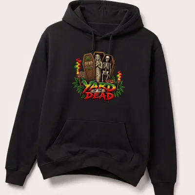 Vibrant cartoon of a skeleton and mummy with the text 'YARD OF THE DEAD' — printed on a unisex hoodie