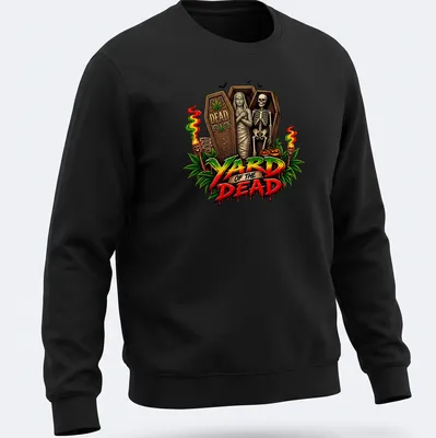 Vibrant cartoon of a skeleton and mummy with the text 'YARD OF THE DEAD' — printed on a unisex sweatshirt