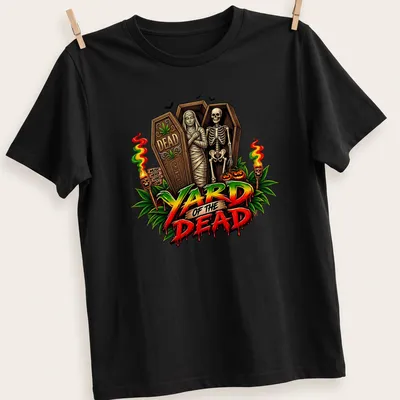 Vibrant cartoon of a skeleton and mummy with the text 'YARD OF THE DEAD'