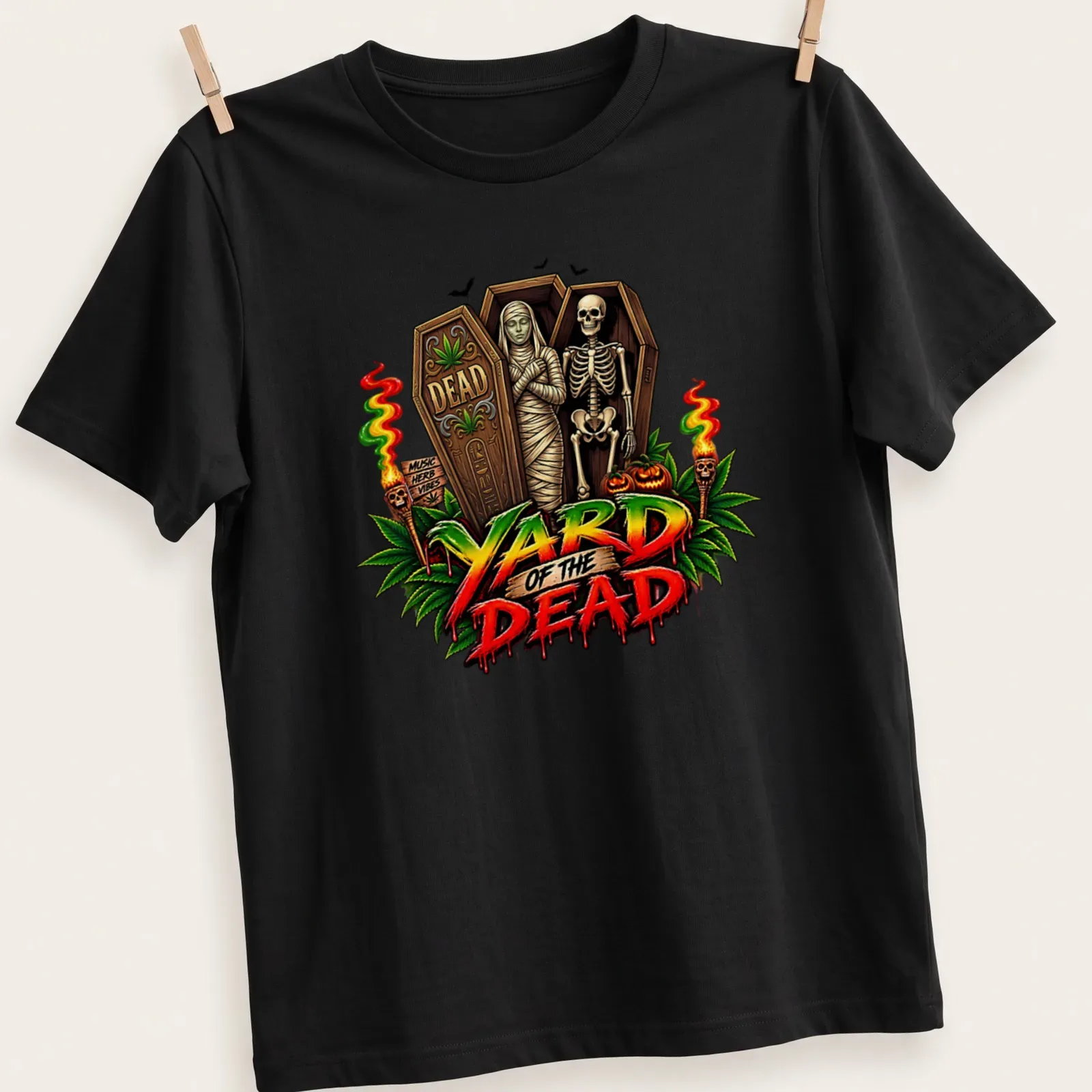 Vibrant cartoon of a skeleton and mummy with the text 'YARD OF THE DEAD' — printed on a unisex t-shirt