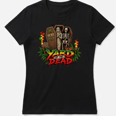 Vibrant cartoon of a skeleton and mummy with the text 'YARD OF THE DEAD' — printed on a women's shirt