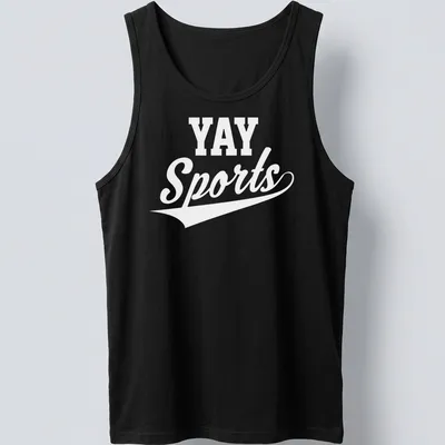 Sarcastic t-shirt with 'Yay Sports' in bold black text on a white background — printed on a tank top