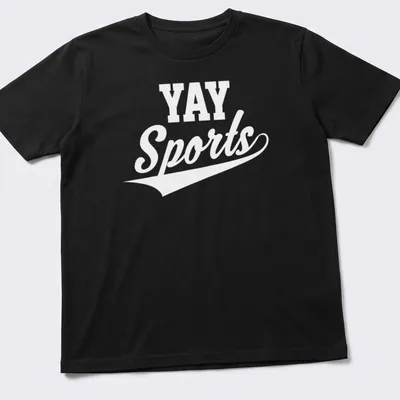 Sarcastic t-shirt with 'Yay Sports' in bold black text on a white background