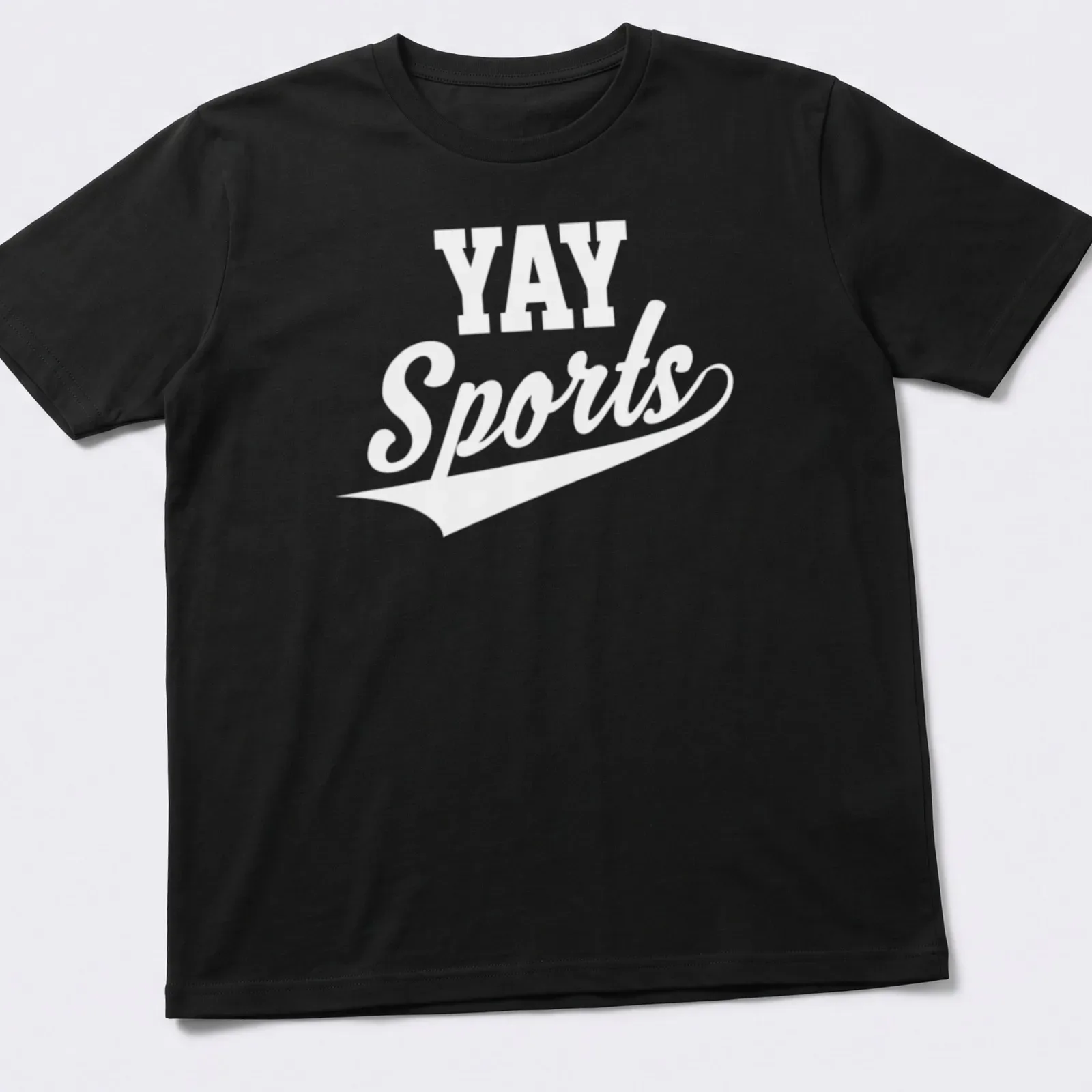 Sarcastic t-shirt with 'Yay Sports' in bold black text on a white background — printed on a unisex t-shirt