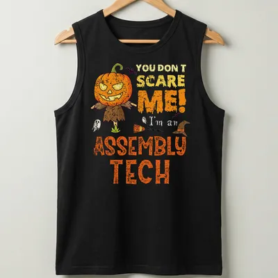 Funny Halloween shirt with cartoon pumpkin scarecrow and playful text — printed on a tank top