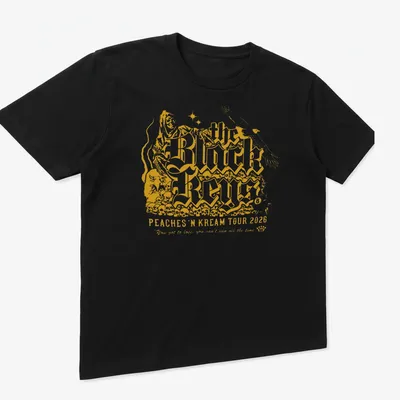 Vintage concert style t-shirt featuring an eagle and Black Keys tour text — printed on a unisex t-shirt (angled view)
