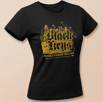 Vintage concert style t-shirt featuring an eagle and Black Keys tour text — printed on a women's shirt