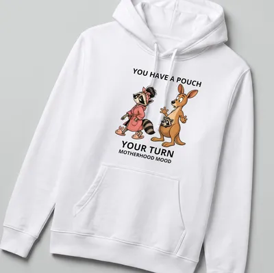 Whimsical cartoon kangaroo and raccoon with humorous text about motherhood. — printed on a unisex hoodie