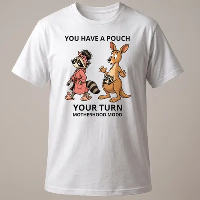 Whimsical cartoon kangaroo and raccoon with humorous text about motherhood.