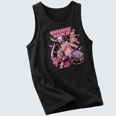 Playful pop art of Young Miko with bold colors in pink, black, and white — printed on a tank top