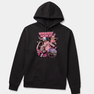 Playful pop art of Young Miko with bold colors in pink, black, and white — printed on a unisex hoodie