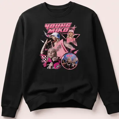 Playful pop art of Young Miko with bold colors in pink, black, and white — printed on a unisex sweatshirt