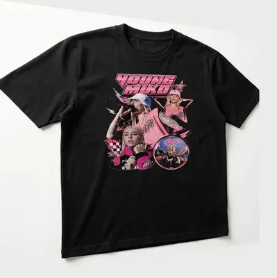 Playful pop art of Young Miko with bold colors in pink, black, and white — printed on a unisex t-shirt (angled view)