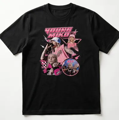 Playful pop art of Young Miko with bold colors in pink, black, and white — printed on a unisex t-shirt