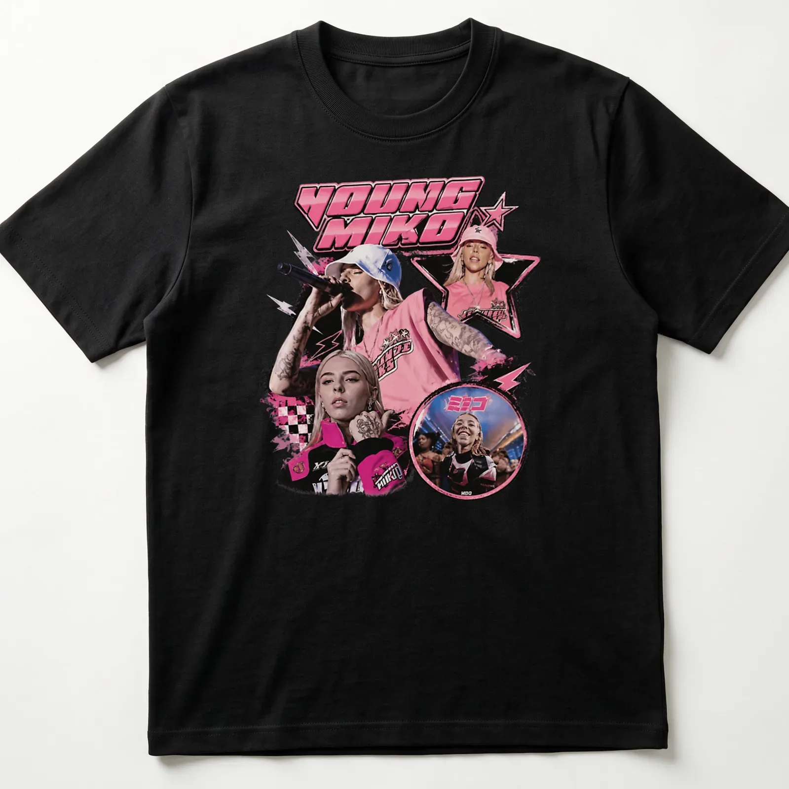 Playful pop art of Young Miko with bold colors in pink, black, and white — printed on a unisex t-shirt