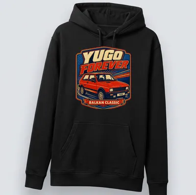 Retro T-shirt featuring a Yugo car and the text 'YUGO FOREVER BALKAN CLASSIC' — printed on a unisex hoodie