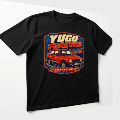Retro T-shirt featuring a Yugo car and the text 'YUGO FOREVER BALKAN CLASSIC' — printed on a unisex t-shirt (angled view)