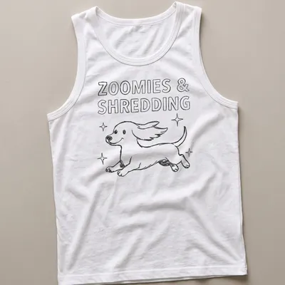 Kawaii line-art Dachshund running with the text 'Zoomies & Shredding' in black and white — printed on a tank top